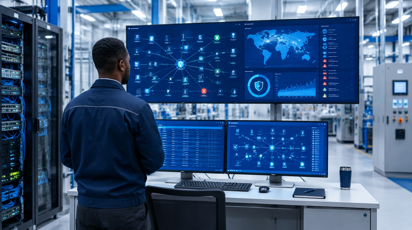 Analyste en cybersécurité observant des tableaux de bord de surveillance réseau dans une infrastructure industrielle